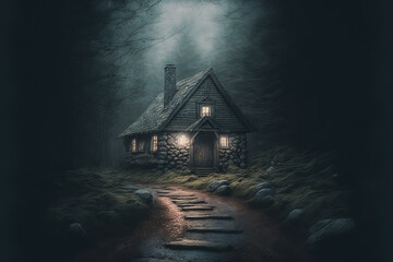 Small path leading to a dark stone cabin with wood roof. Haunted forest. Ghost woods. Misty and foggy landscape.