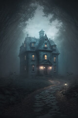 Haunted Victorian Mansion with a Small Stone Path. Horror abandoned ghost mansion concept art. Misty and foggy.
