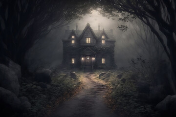 entrance to a large spooky three story mansion with a chimney and attic. glowing windows and moss covered walls. Spanish moss and ivy growing on roof and walls. misty and foggy dark forest. ghost town