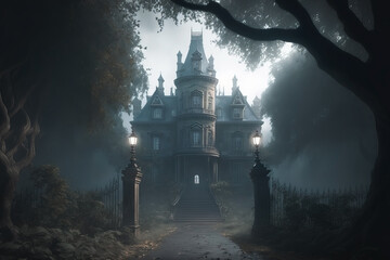 entrance to a large spooky three story mansion with a chimney and attic. glowing windows and moss covered walls. Spanish moss and ivy growing on roof and walls. misty and foggy dark forest. ghost town