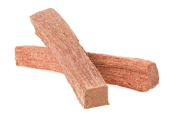 Two sandalwood sticks isolated on a white background. Chandan or sandalwood.