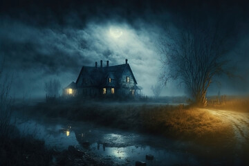Fototapeta premium Wood cabin in a swamp. Horror spooky dark landscape. Haunted house. Rural haunted wood mansion. Cold, mist and fog weather. Stormy sky.