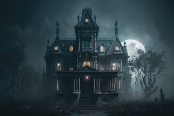 Haunted Mansion with a Stormy Sky. Full moon. Horror sky with glowing moon. Moon shining on spooky horror manor, house.