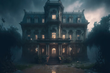 Spooky three Story Manor in a Stormy Weather. Attic with glowing windows. Misty and foggy.
