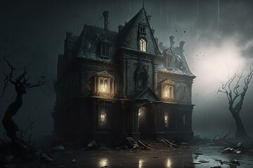 Spooky Two Story Manor in a Stormy Weather. Attic with glowing windows. Misty and foggy.