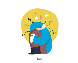 Mental disorders illustration. Fears- modern flat vector illustration of woman dreading nervous, bracing herself meeting with stress experience. People emotional, psychological, mental traumas concept