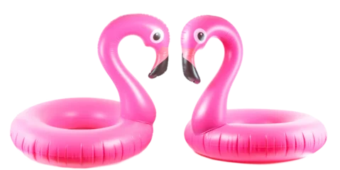 Gardinen Summer fun. Pink pool inflatable flamingo for summer beach isola © Maksym