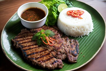 illustration of  Thai cuisine traditional dish, Kor Mue Yang, well-done cooked collar pork steak with sour and spicy tamarind sauce eat with rice or sticky rice and vegetable