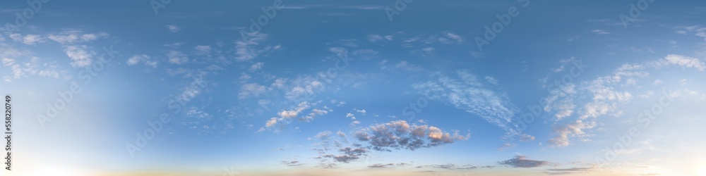 Wall mural blue sky with evening clouds as seamless hdri 360 panorama with zenith in spherical equirectangular 