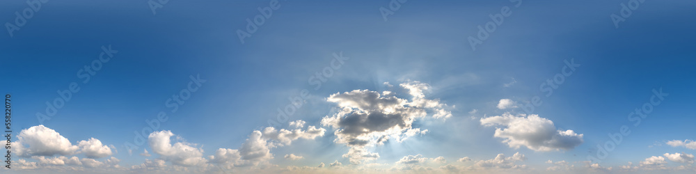 Wall mural blue sky with cumulus clouds as seamless hdri 360 panorama with zenith in spherical equirectangular 