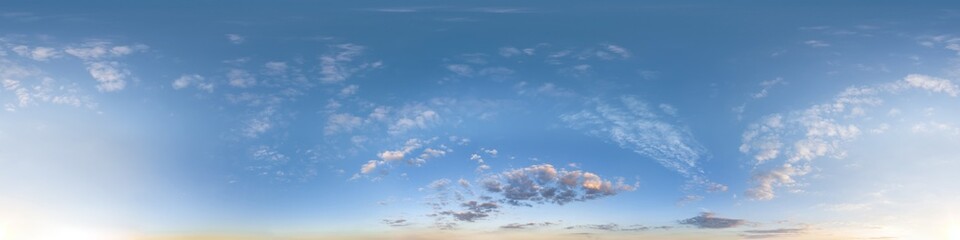 blue sky with evening clouds as seamless hdri 360 panorama with zenith in spherical equirectangular projection may use for sky dome replacement in 3d graphics or game development and edit drone shot