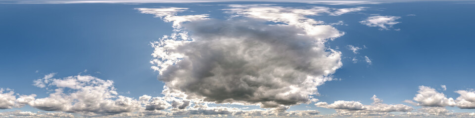 blue sky with cumulus clouds as seamless hdri 360 panorama with zenith in spherical equirectangular projection may use for sky dome replacement in 3d graphics or game development and edit drone shot