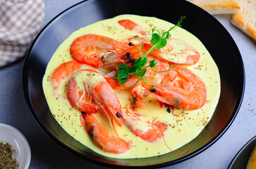 Creamy Shrimps with Sauce in a Bowl