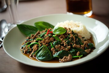 	 illustration of close up traditional Thai cuisine dish, Pad Kra Pao, stir-fried basil with minced meat	 - obrazy, fototapety, plakaty