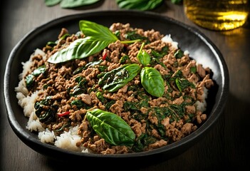  illustration of close up traditional Thai cuisine dish, Pad Kra Pao,  stir-fried basil with minced meat - obrazy, fototapety, plakaty
