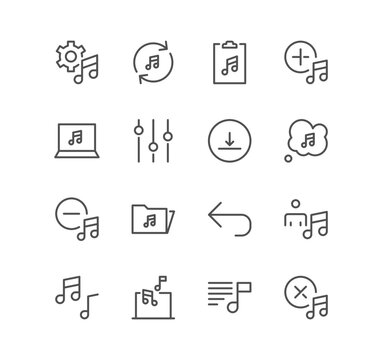 Set of music and controls related icons, artist, song list, mute and linear variety vectors.