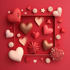 Valentines day background with gift box and red hearts. Top view. Flat lay style. - obrazy, fototapety, plakaty