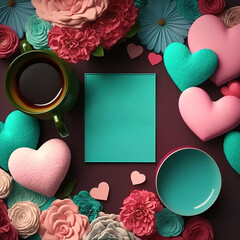 Valentines day background with gift box and red hearts. Top view. Flat lay style. Generative ai