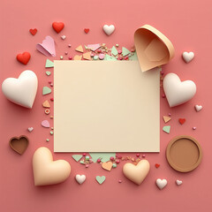 Valentines day background with gift box and red hearts. Top view. Flat lay style. Generative ai