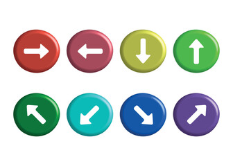 arrows in different directions on 3d colored buttons isolated on white background