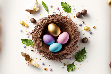 Obraz na płótnie Canvas Happy Easter background. Easter eggs on green grass on white backgroundc