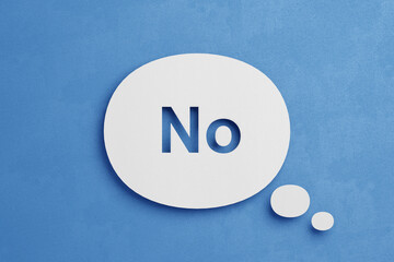 word no cut out in paper thought bubble floating over blue minimalistic background; 3D Illustration; no