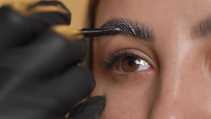 Woman does the eyelashes of a young lady.Beauty salon.Close-up. - Powered by Adobe