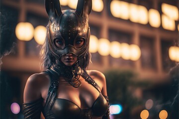 Woman in black latex fetish bunny outfit. Big city bokeh background. Generative AI. Not Based on a Real Person. - obrazy, fototapety, plakaty
