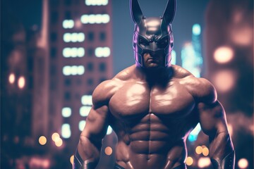 Fototapeta na wymiar Muscular male model bodybuilder shows off muscles while wearing fetish latex bunny mask in the big city streets