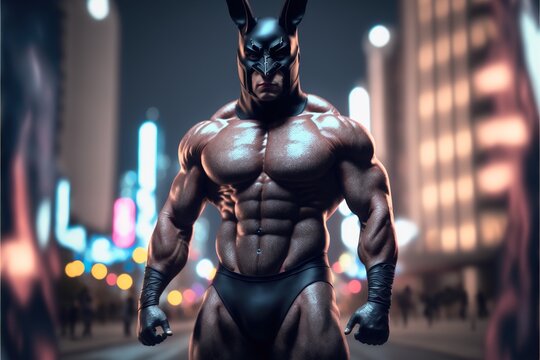 Muscular male model bodybuilder shows off muscles while wearing fetish latex bunny mask in the big city streets