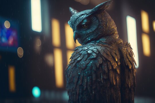 Humanoid mutant owl man, black night city bokeh background