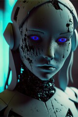 Sad broken android humanoid robot in the dystopian future. Generative AI.