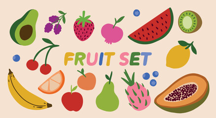 Cute Fruit Hand-Drawn Set Illustration Fuits Food Tropical Collection