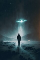 Obraz premium A lone witness sees the faint glow from the lights on a UFO shine through blizzard conditions, cinematic atmosphere on judgement day. Alien abduction.