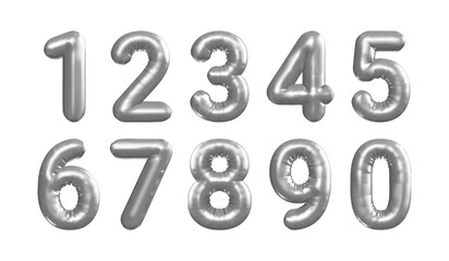Silver numbers inflated balloon. 3D foil balloons with helium for holidays, events, birthdays, parties and weddings. Realistic vector design elements
