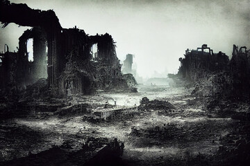 half submerge city ruins, destroyed by war . Apocalypse battlefield aftermath ruins. Designed using generative ai.  - obrazy, fototapety, plakaty