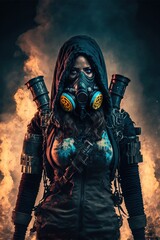 Naklejka premium Hot apocalypse woman with gasmask in the apocalypse fire, hooded gas mask female. Generative AI.