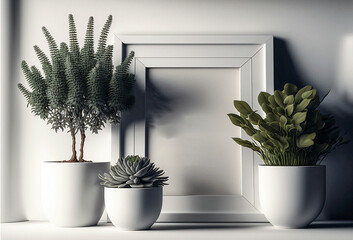 Empty white poster frame mockup. Minimalist living room. Designed using generative ai. 