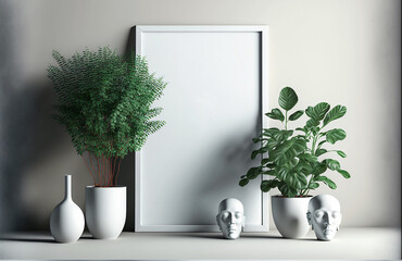 Empty white poster frame mockup. Minimalist living room. Designed using generative ai. 