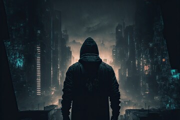 Silhouette of a man looking out on cyberpunk night city scenery