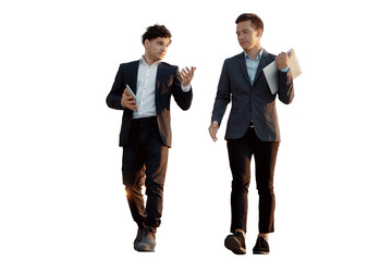 Young businessmen in formal suits, two in full height, isolated transparent background.