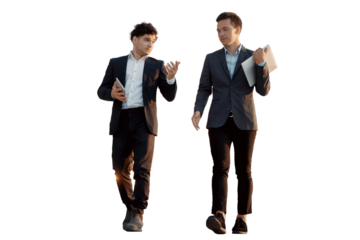 Young businessmen in formal suits, two in full height, isolated transparent background.