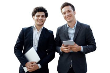 Young successful businessmen smile in formal suits two, isolated transparent background.