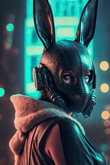 Woman in black latex fetish bunny outfit. Big city bokeh background.