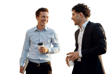 Young successful businessmen smile in formal suits two, isolated transparent background.