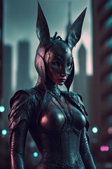 Woman in black latex fetish bunny outfit. Big city bokeh background. - obrazy, fototapety, plakaty