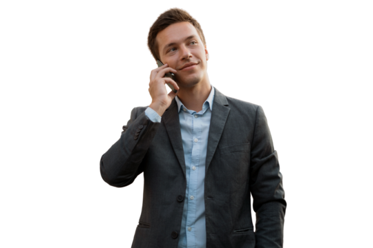 A young successful businessman is smiling in a formal suit and shirt, isolated transparent background. - Powered by Adobe