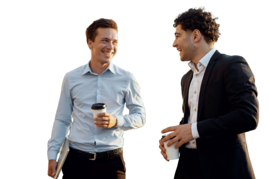 Young successful businessmen smile in formal suits two, isolated transparent background. - Powered by Adobe