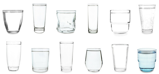 Many different glasses of water on white background