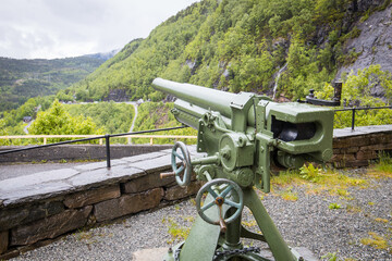 Historic artillery gun located at the bratte fossen mountain pass road in Norway
